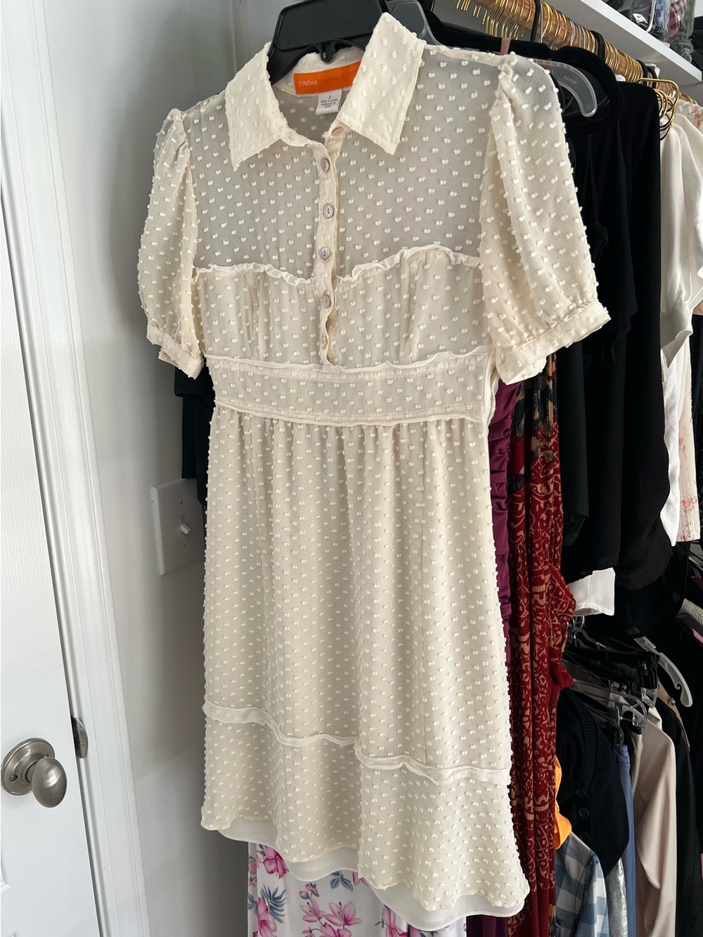 CYNTHIA CYNTHIA STEFFE Cream Swiss Dot Collared Mini Dress